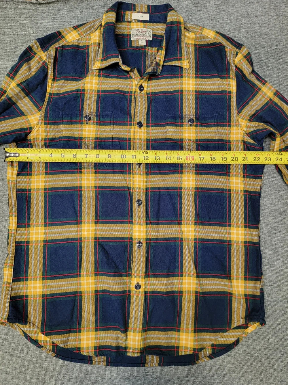 J. Crew Men's Navy and Yellow Plaid Button-Down Shirt Size Slim Large